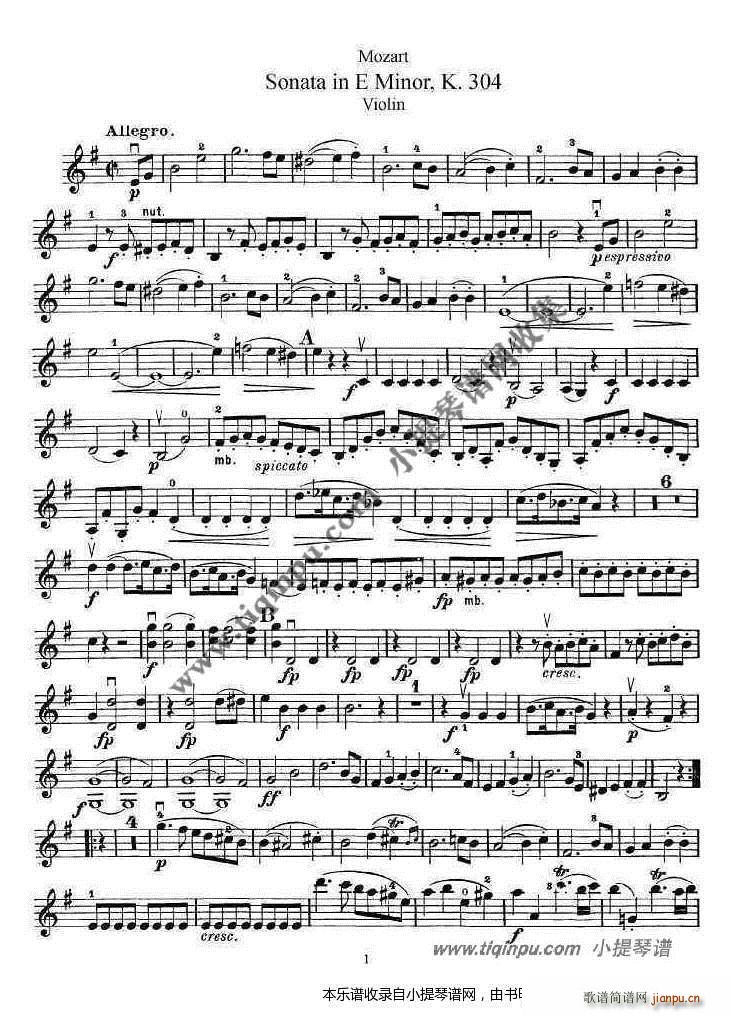 莫扎特小提琴奏鸣曲e小调简谱小提琴版,五线谱,新手独奏曲谱高清