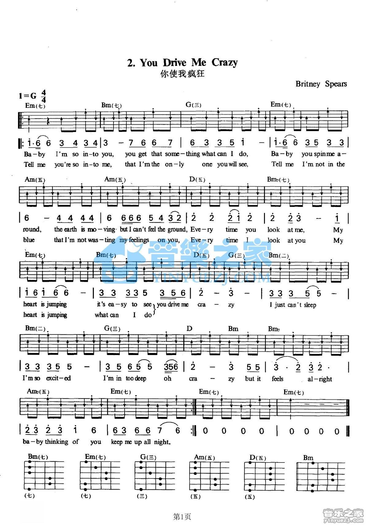 YouDriveMeCrazy吉他谱,原版歌曲,简单G调弹唱教学,六线谱指弹简谱1张图