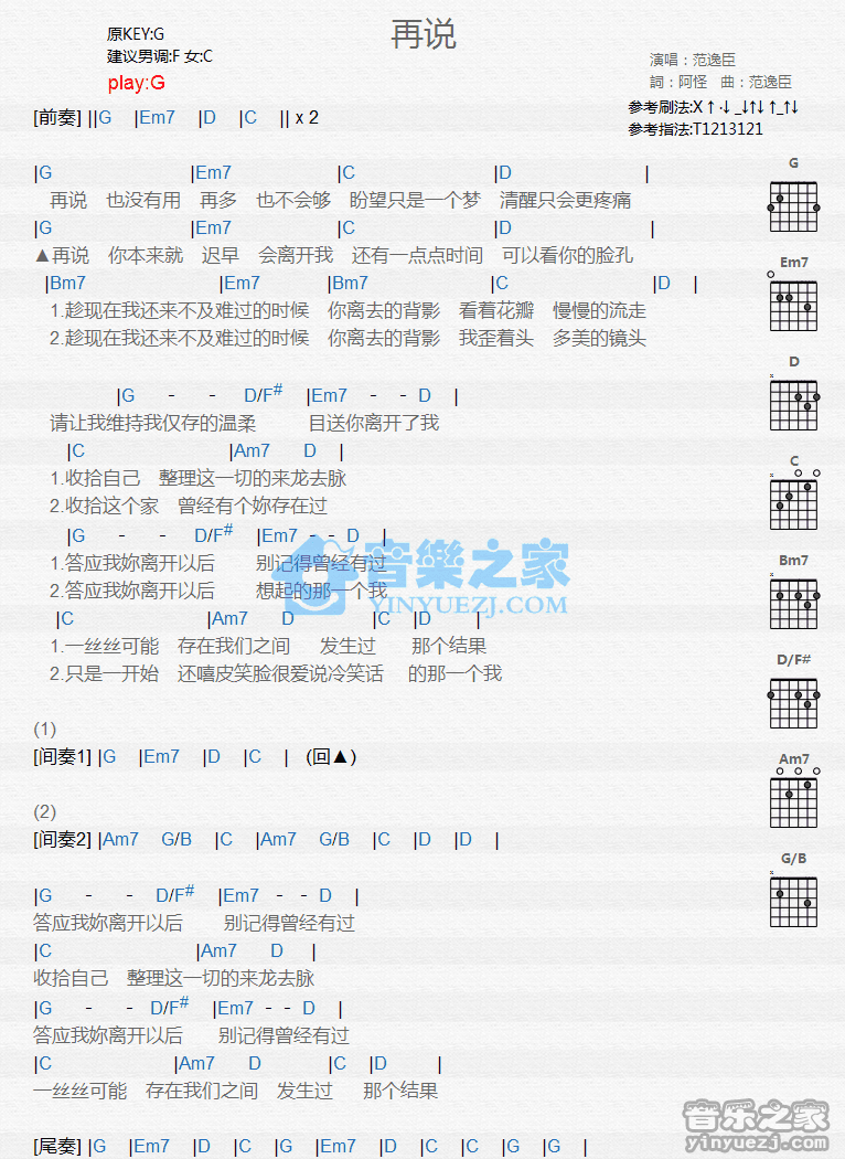 再说吉他谱,原版歌曲,简单G调弹唱教学,六线谱指弹简谱1张图