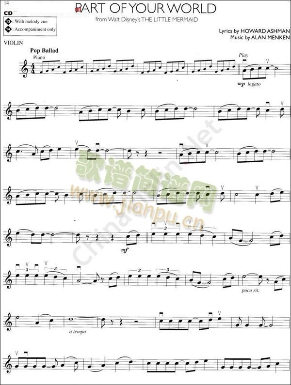 Part Of Your World简谱小提琴版,五线谱,初学者独奏曲谱完整版