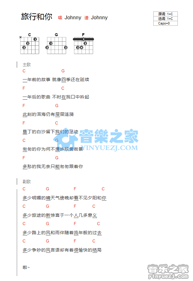 《旅行和你吉他谱》_Johnny_C调 图一