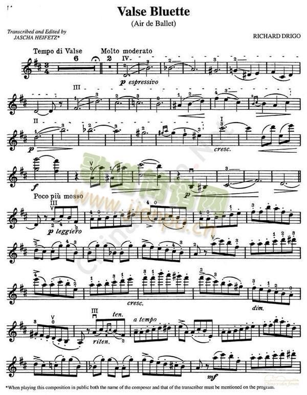 海菲茨-DRIGO《Valse Bluette》简谱小提琴版,Air de Ballet五线谱,初学者独奏曲谱曲子