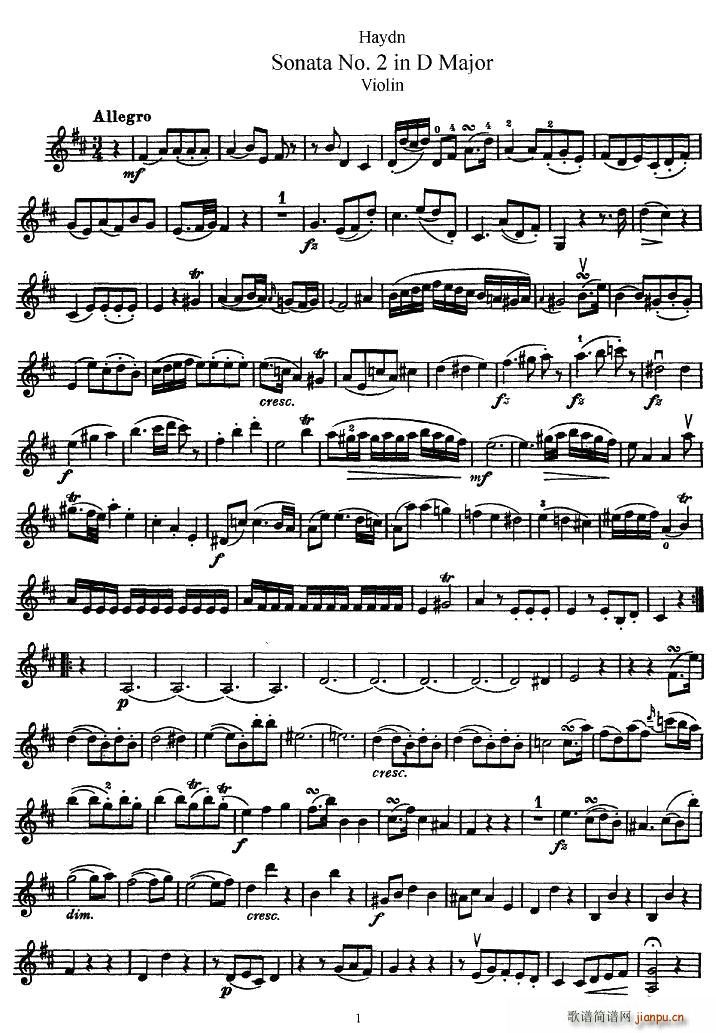 海顿D大调第二小提琴奏鸣曲简谱小提琴版,五线谱,入门独奏曲谱完整版