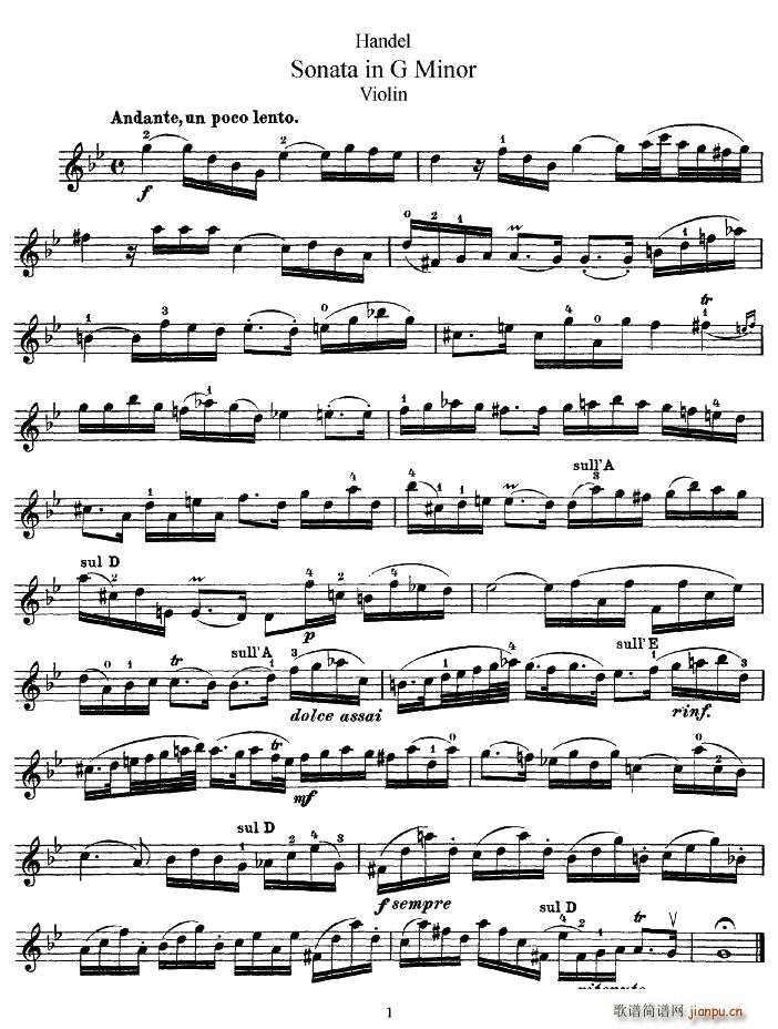 亨德尔g小调小提琴奏鸣曲简谱小提琴版,五线谱,新手独奏曲谱完整版