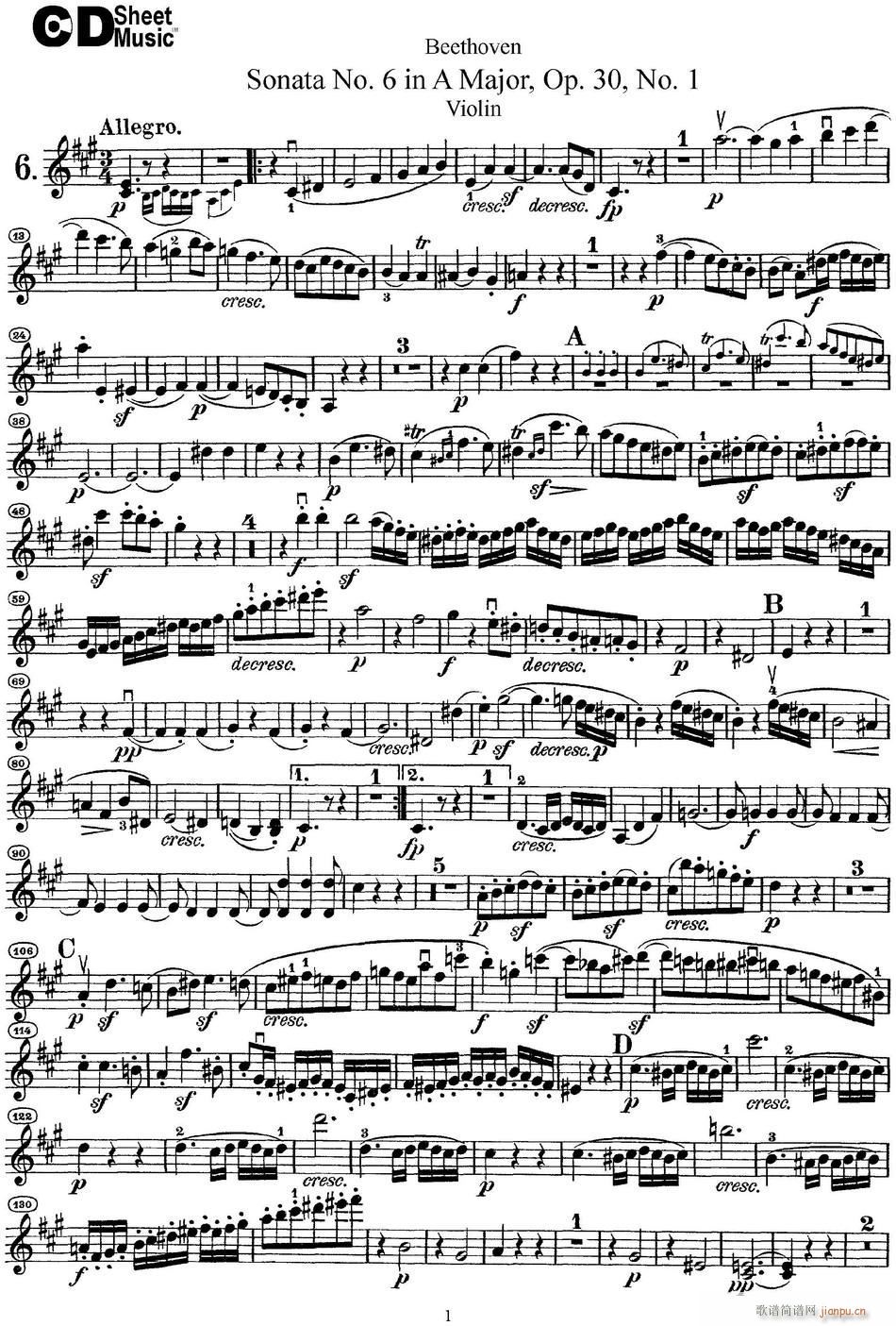 ViolinSonataNo6inAMajorOp30No1简谱小提琴版,新手独奏曲谱图片五线谱