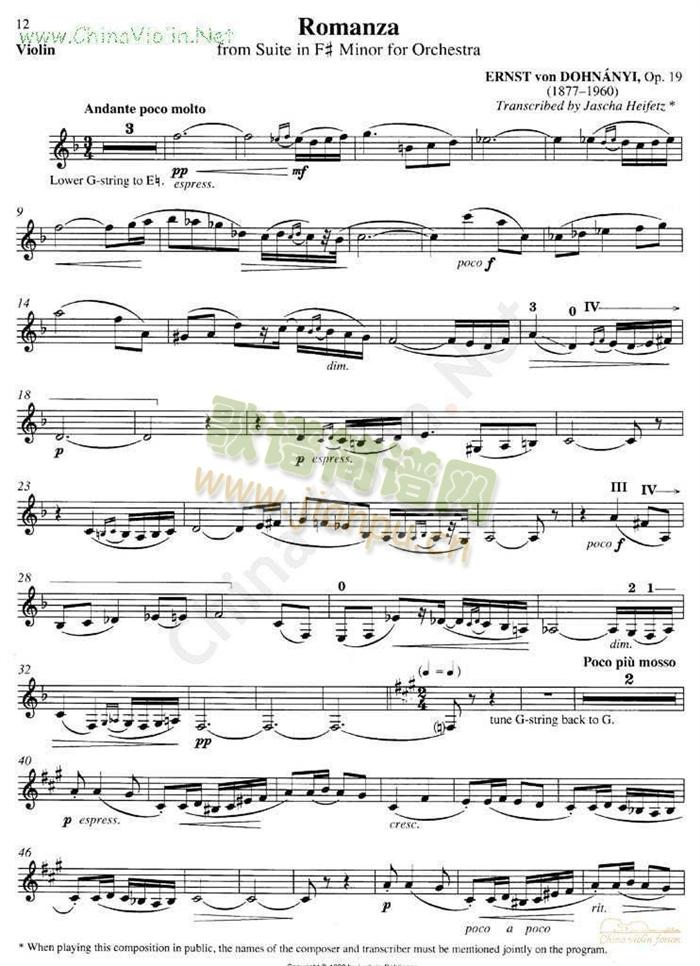 海菲茨-DOHNANYI《Romanza》简谱小提琴版,五线谱,入门独奏曲谱完整版
