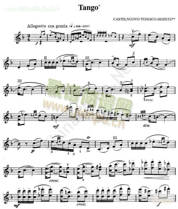 海菲茨-Castelunovo《Tango》简谱小提琴版,入门独奏曲谱图片五线谱