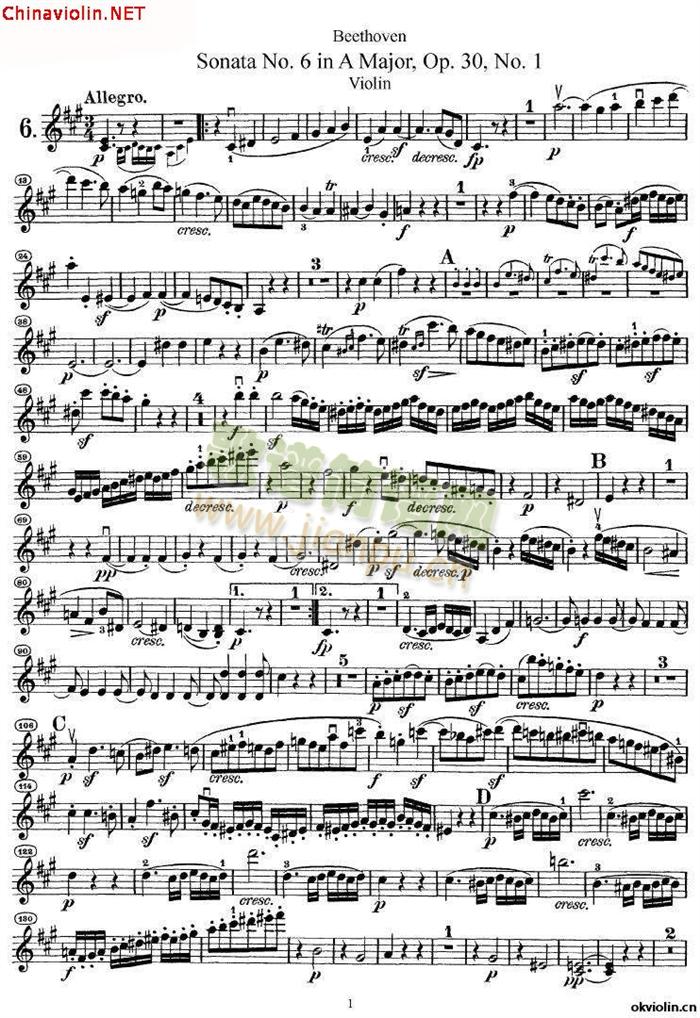 贝多芬第六号奏鸣曲A大调简谱小提琴版,初学者独奏曲谱高清五线谱