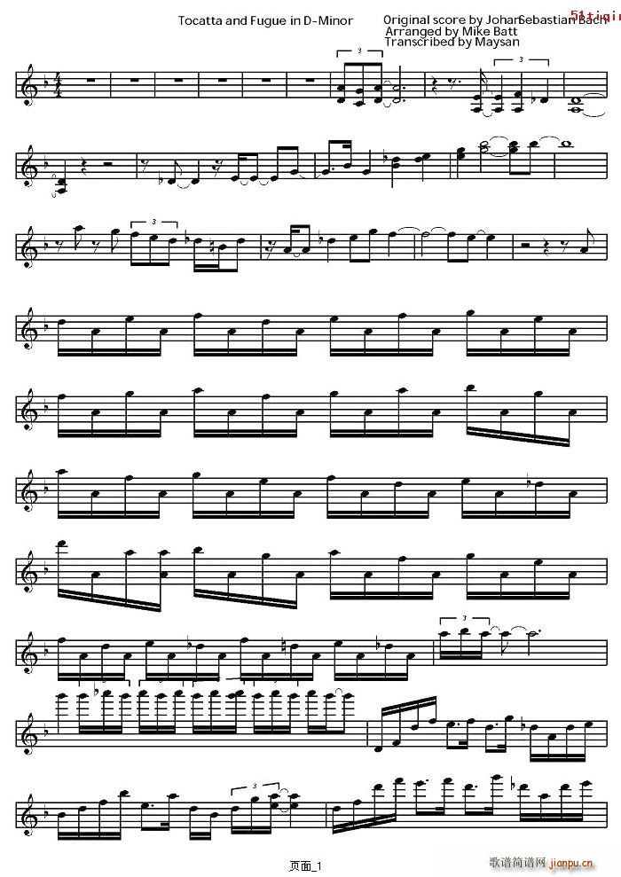 Tocatta and Fugue in D-Minor简谱小提琴版,五线谱,初学者独奏曲谱高清