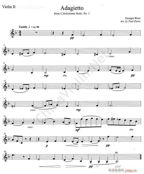 比捷ADAGIETTOFROML`ARLESIESIENNESUITENo1第二简谱小提琴版,新手独奏曲谱高清五线谱