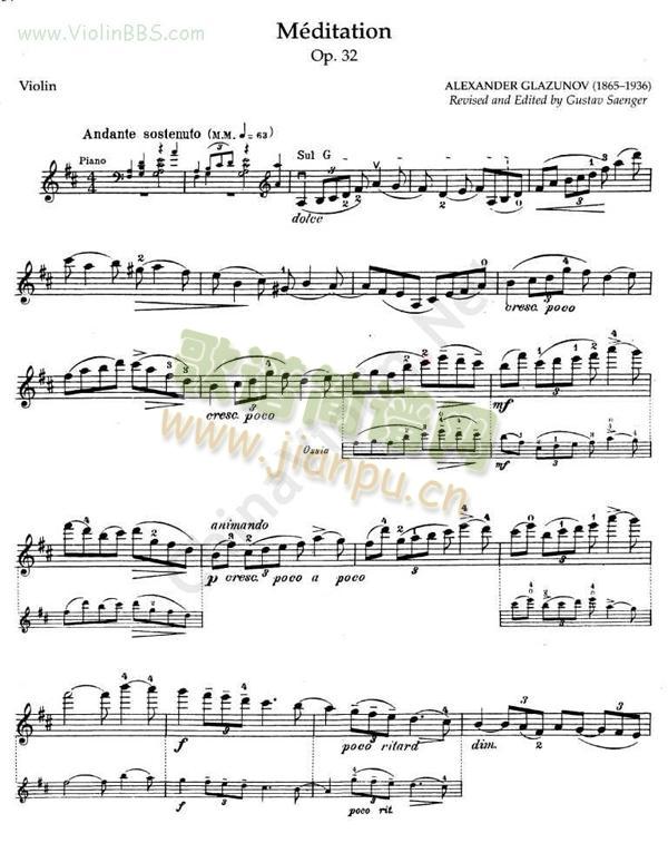 GLAZUNOV格拉祖诺夫《MEDITATION》Op.32简谱小提琴版,五线谱,新手独奏曲谱图片