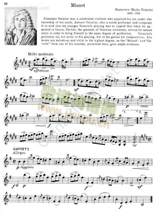 VERACINI《MINUET》小提琴谱简谱小提琴版,五线谱,新手独奏曲谱高清