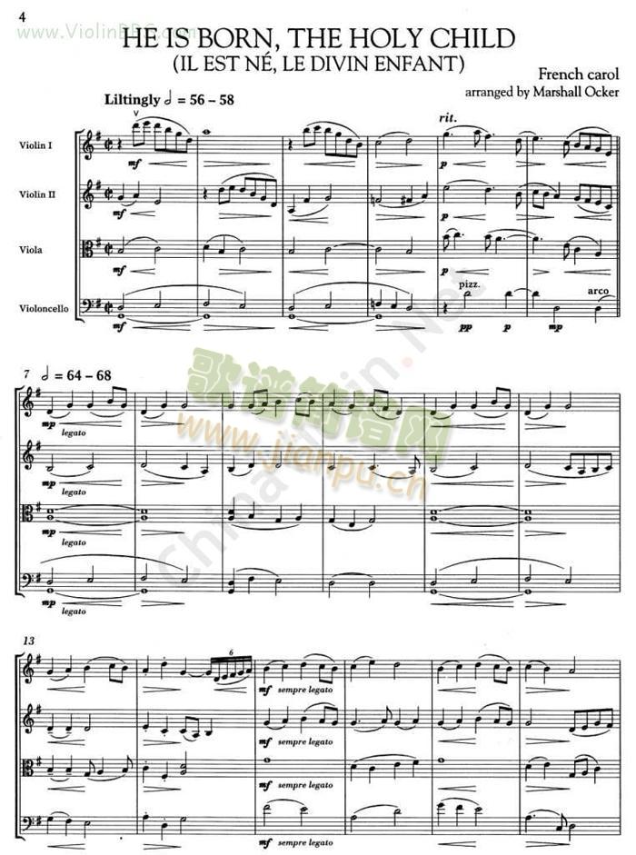  He is Born, the Holy Child简谱小提琴版,弦乐四重奏五线谱,新手独奏曲谱图片