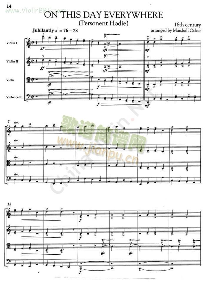 【四重奏】On this day everywhere简谱小提琴版,五线谱,初学者独奏曲谱完整版