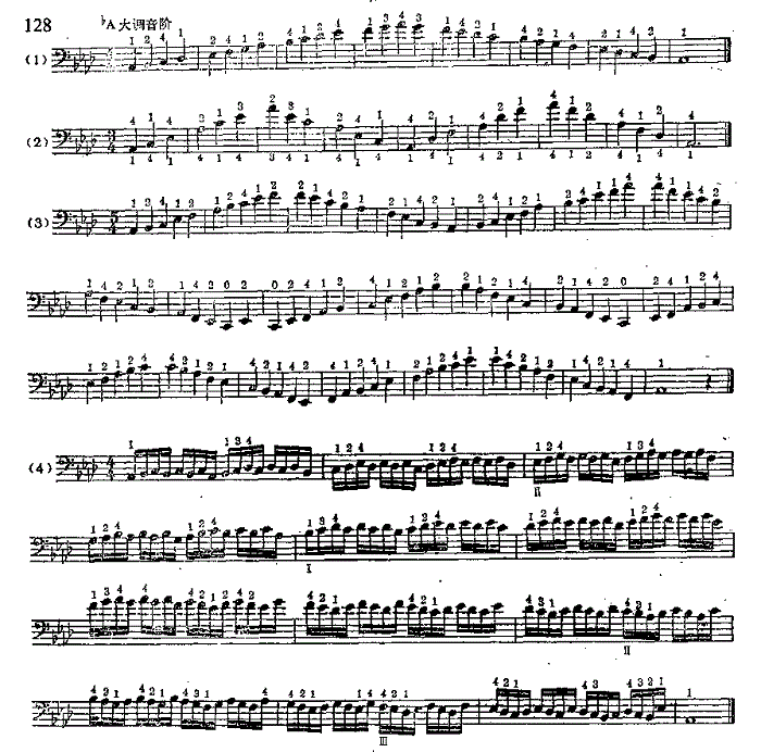 bA大调音阶大提琴练习曲简谱小提琴版,五线谱,入门独奏曲谱完整版