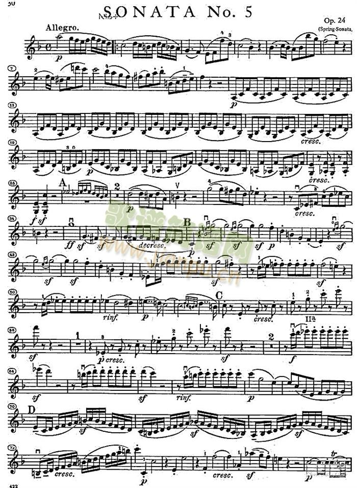 贝多芬的春天简谱小提琴版,入门独奏曲谱完整版五线谱