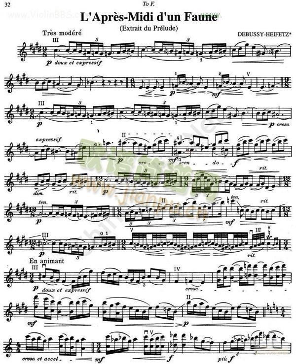 海菲茨-Dbeussy《L`Apres-Midid`unFaune》简谱小提琴版,初学者独奏曲谱曲子五线谱