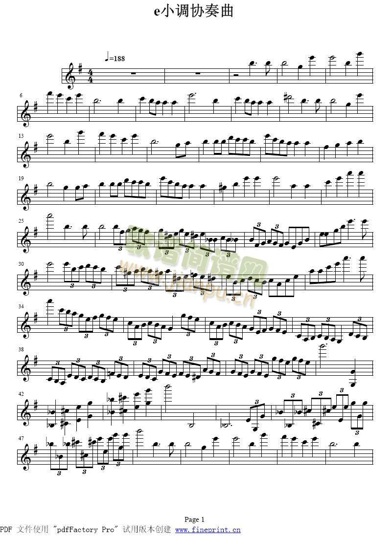 贝多芬e小调协奏曲1-5简谱小提琴版,入门独奏曲谱图片五线谱