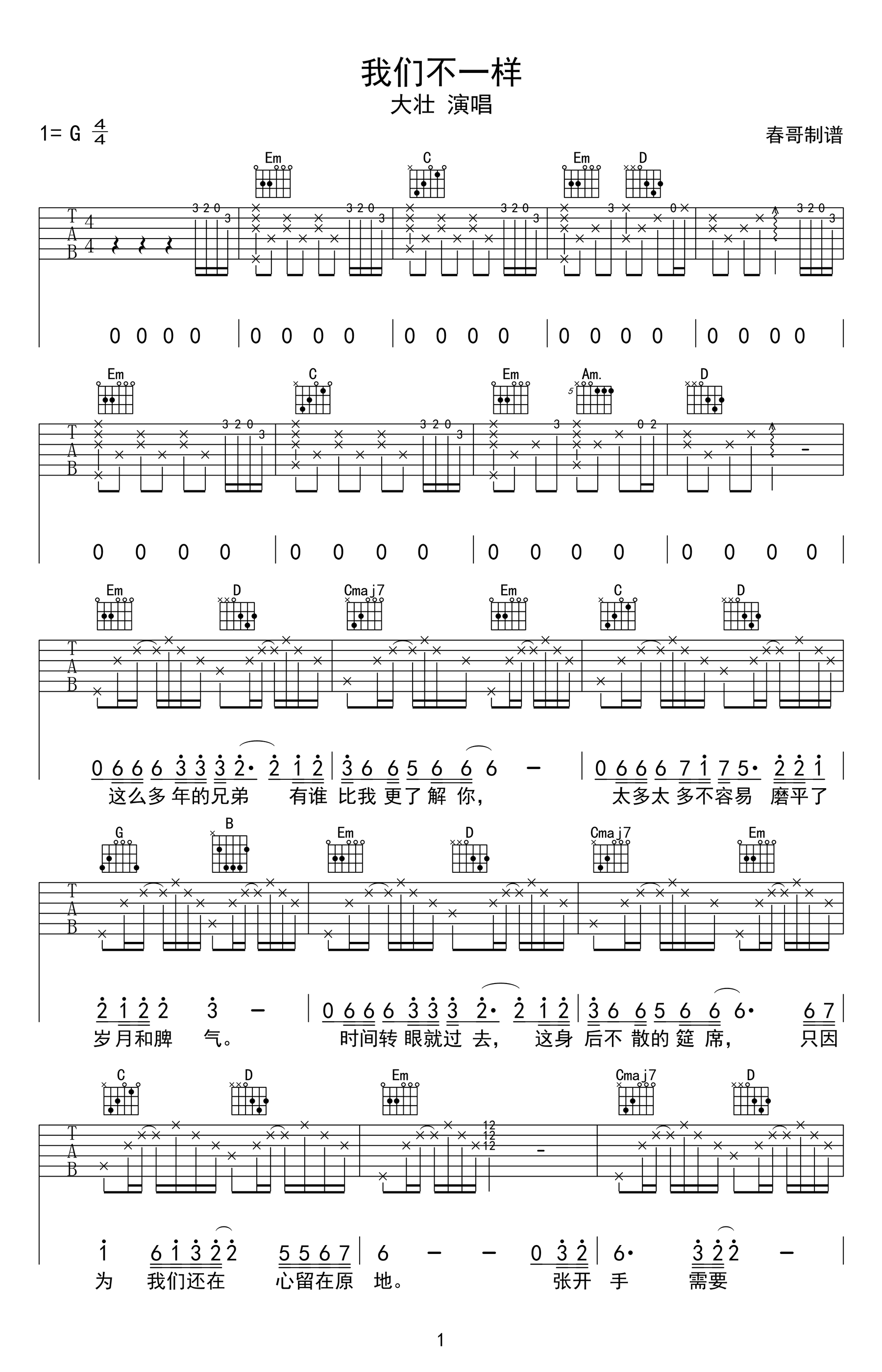 我们不一样吉他谱,原版大壮歌曲,简单C调弹唱教学,六线谱指弹简谱图