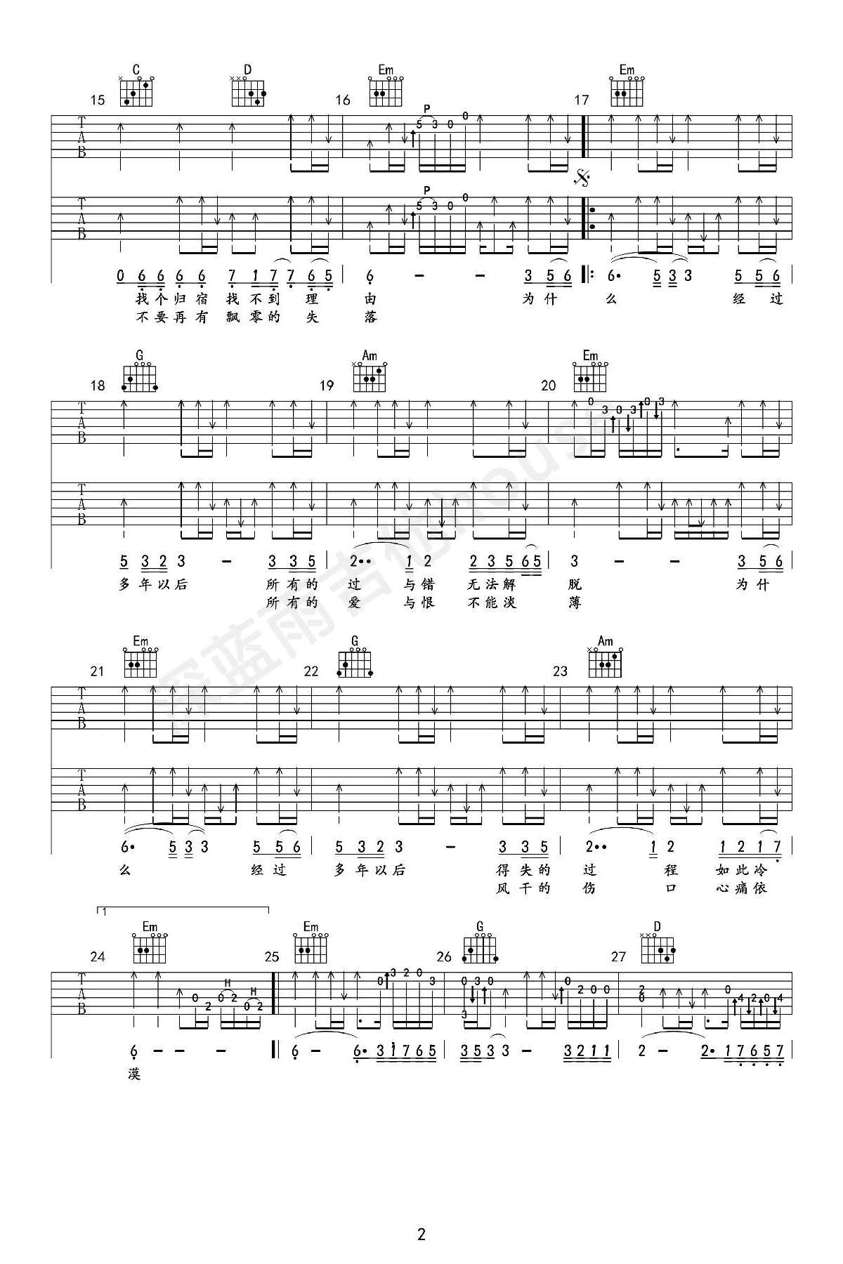 《多年以后》吉他完整版六线谱 - C调吉他谱 - 姜育恒国语版 - 吉他简谱