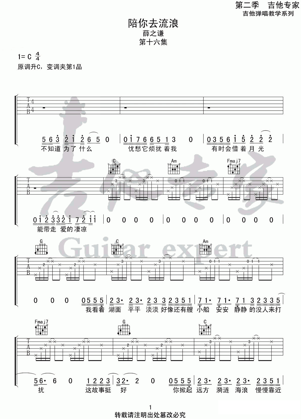 陪你去流浪吉他谱,原版薛之谦歌曲,简单C调弹唱教学,六线谱指弹简谱三张图